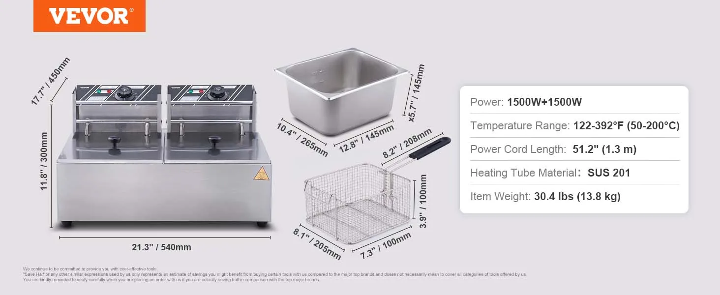 VEVOR Commercial Electric Deep Fryer Countertop Deep Fryer Dual Detachable Tanks