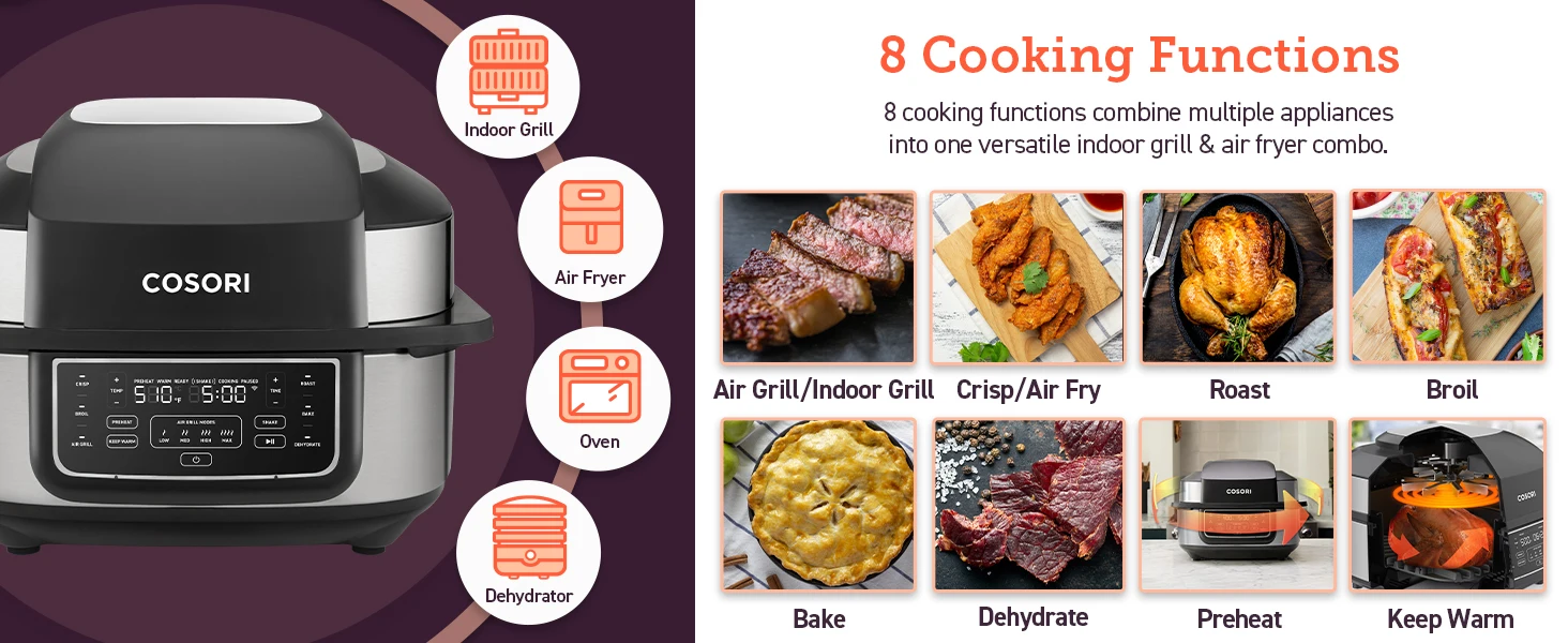 Es hat 8 cooking functions, indoor grill, air fry, roast, broil, bake, dehydrate, preheat, warm.