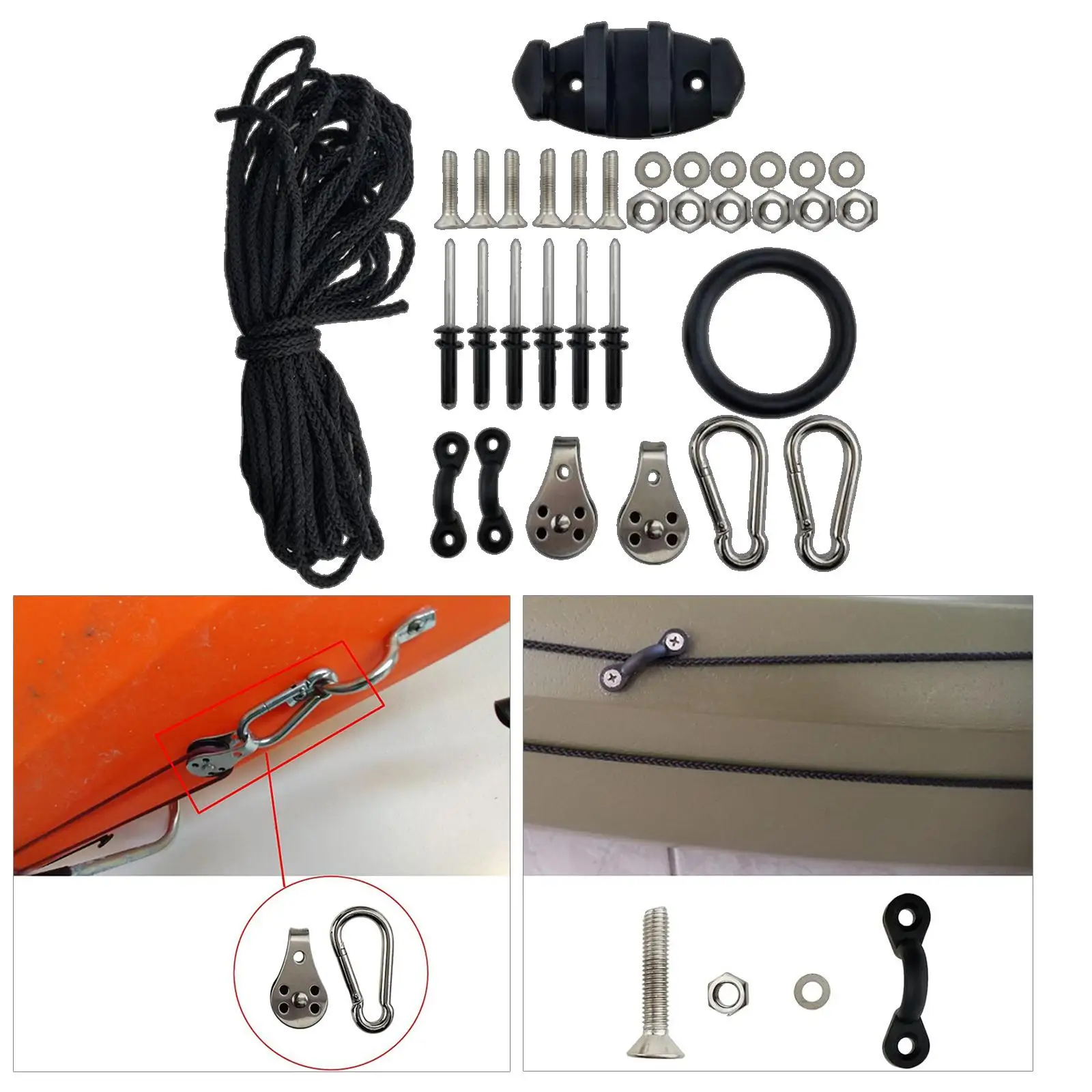 Kayak Anchor Trolley Rope Nuts Screws Pad Eyes Pulleys Deck Rigging Set