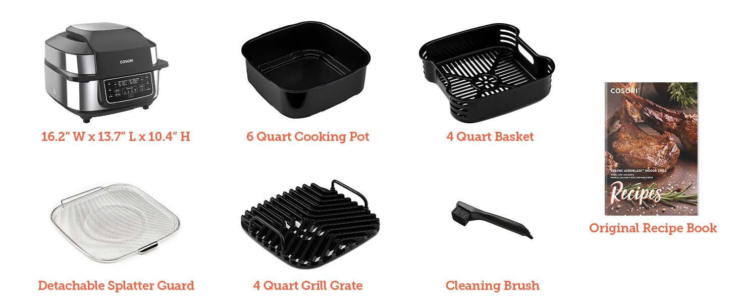 It includes a 6 quart cooking pot, 4 quart basket, 4 quart grill grate, cleaning brush, and recipes.