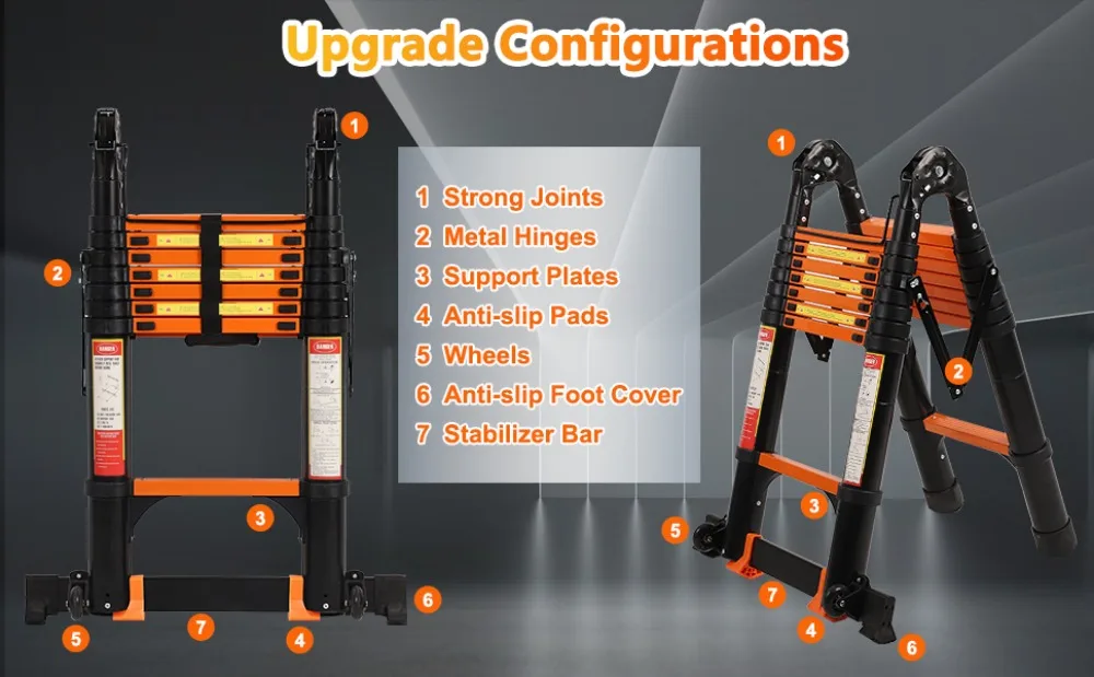 Telescoping A Frame Ladder with Tool Platform and Stabilizer Bar, Telescopic Ladders with Wheels